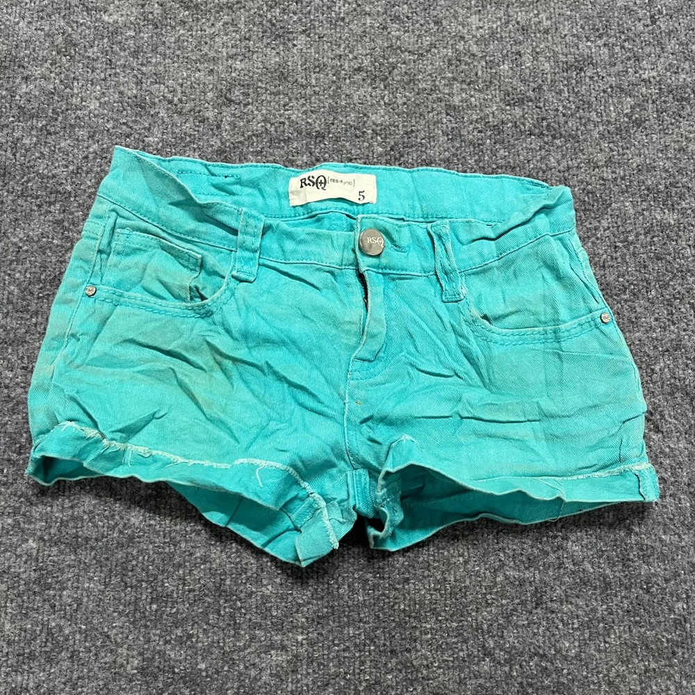 RSQ Shorts Womens Size 5 Teal Denim Low Rise Raw Hem Casual Summer Stained